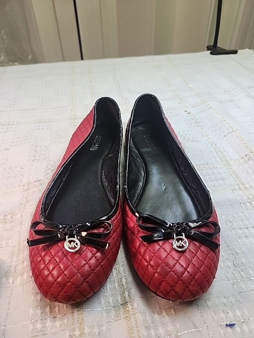 Michael Kors Quilted Red Ballet Flats with Patent Bow and MK Charm